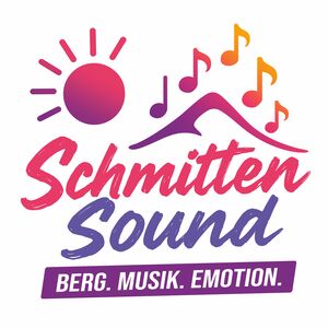 Buntes Schmitten Sound Logo mit Sonne, Noten und Text.